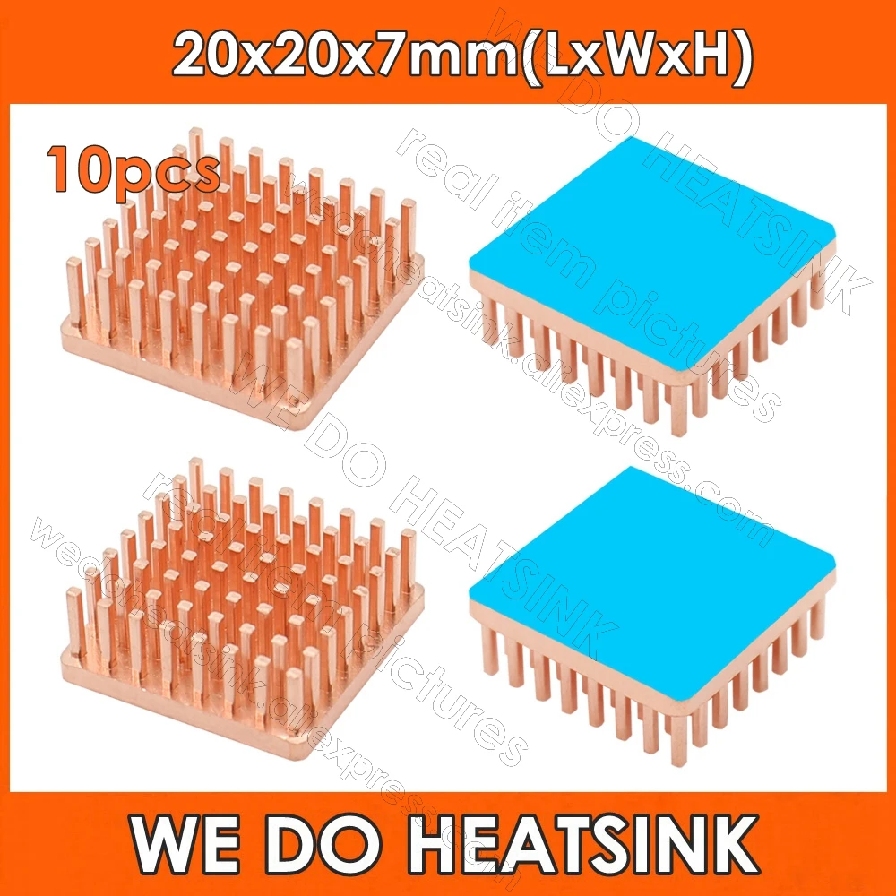 10pcs Free Shipping 20x20x7mm Square Pure Copper Pin Fins Heatsink Radiator Cooler With Thermal Tape For Electronics IC CPU AMD