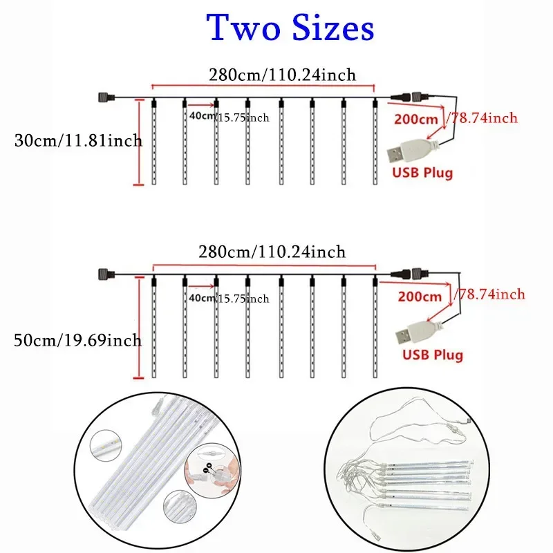 30/50cm usb chuva de meteoros chuva led luzes da corda de fadas casamento festa natal sala decoração casa jardim luz do feriado