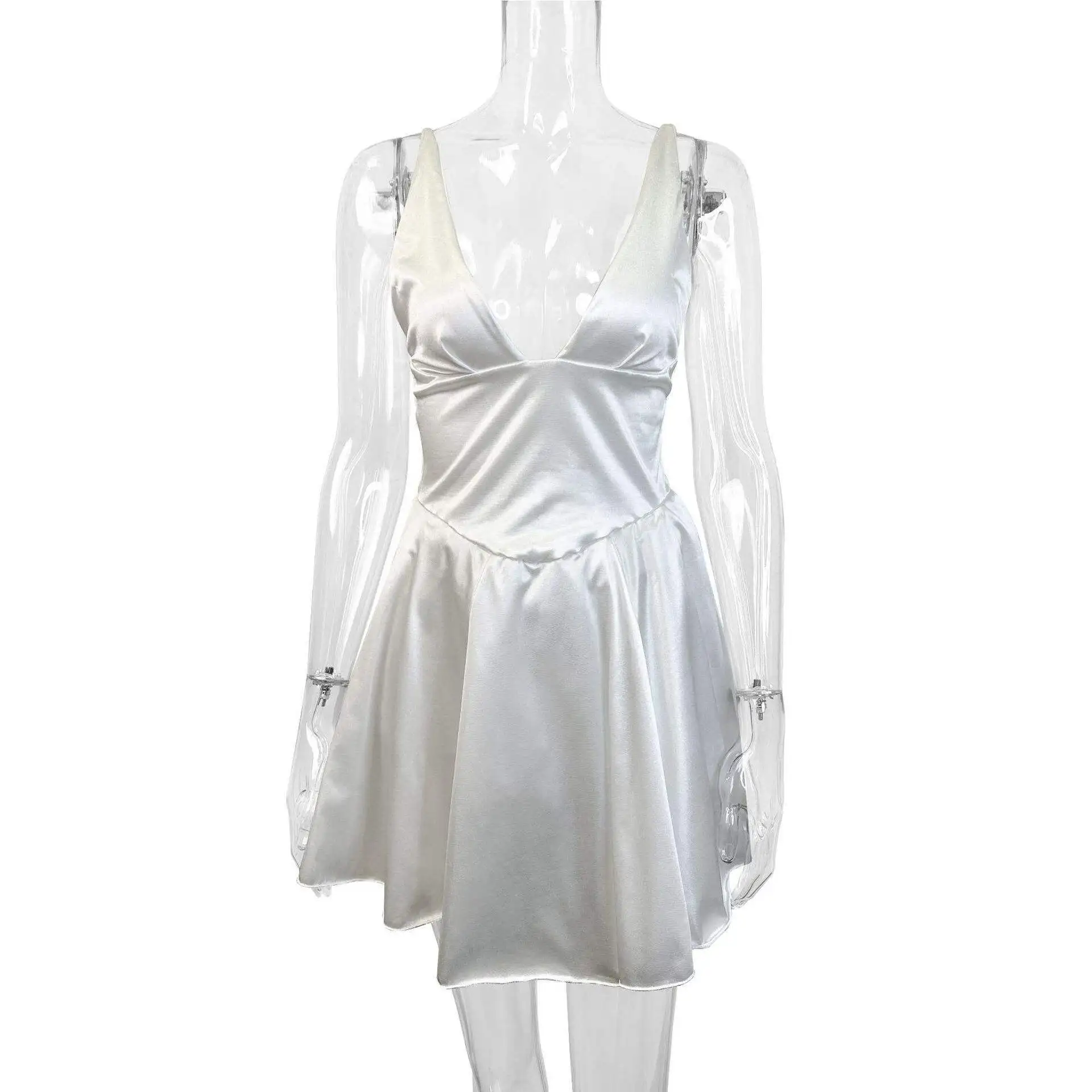 Ele White Schlankheits-Sommerkleid mit Gürtel, A-Linien-Rock, Svel Midi Dr für Damen, Sli, tiefes V-Ne-Kleid