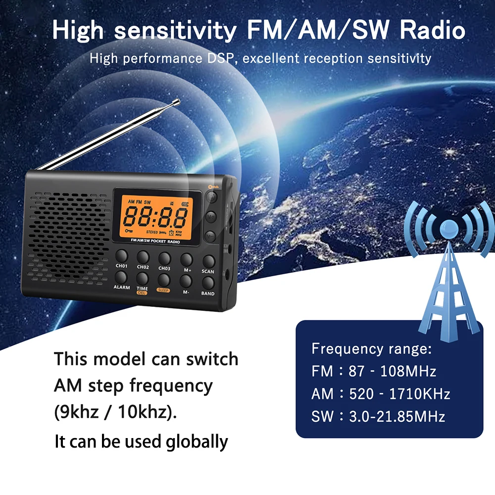 AM/FM/SW 3-Band Radio Portable Multi-functional LED Display Radio High Sensitivity Stereo Radios Receiver w/Retractable Antenna