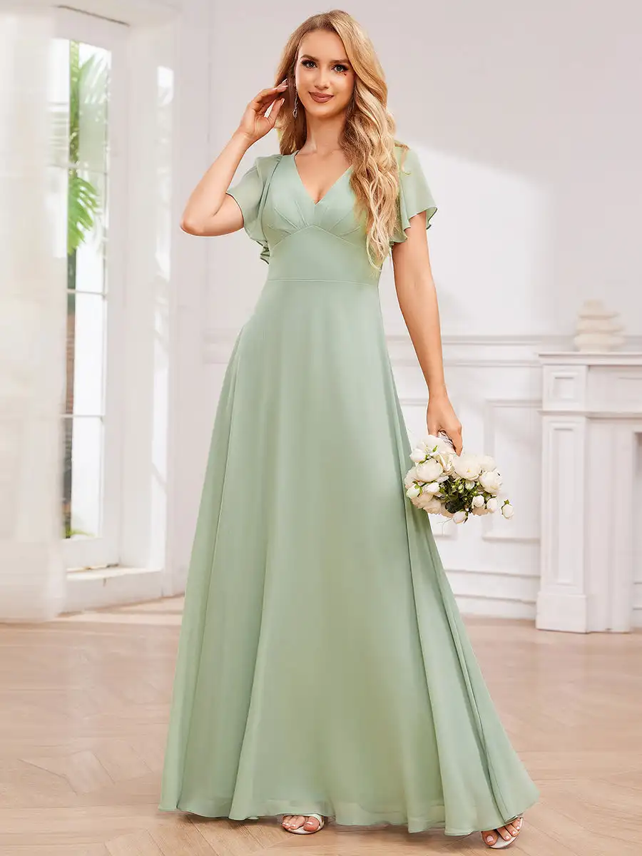 

Elegant Evening Dresses Bandage Backless Ruffles Sleeve Floor Length 2024 Ever Pretty of Chiffon Mint Green Bridesmaid dress