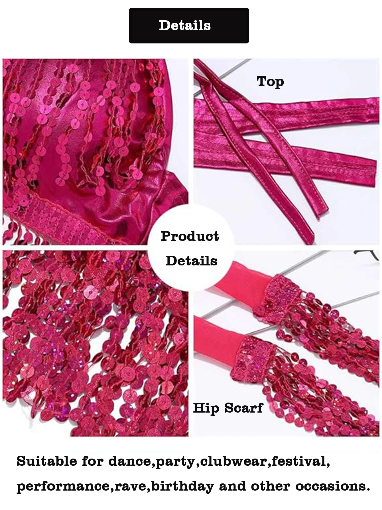 Bauchtanz Top BH Gürtel Set Latin Pailletten Fransen Neckholder Hüftrock Sexy Party Kostüm 4-lagige Quaste Bühnenaufführung Stoffkleidung – Detail 11