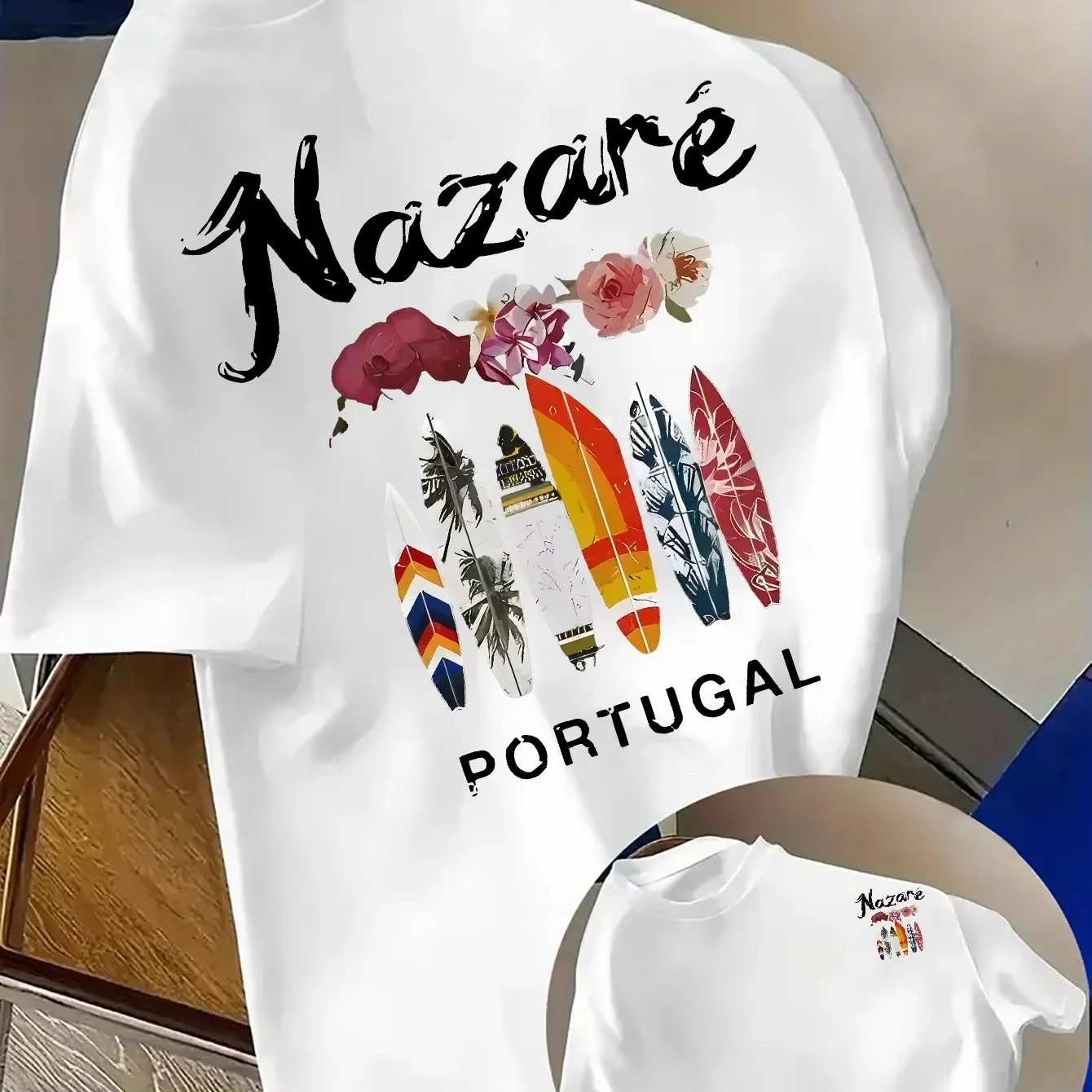 Portugal Nazaré Surfboard Pattern Cotton Men's Printed T-Shirt Casual Beach Sports Crew Neck T-Shirt Men's and Women's T Shirt