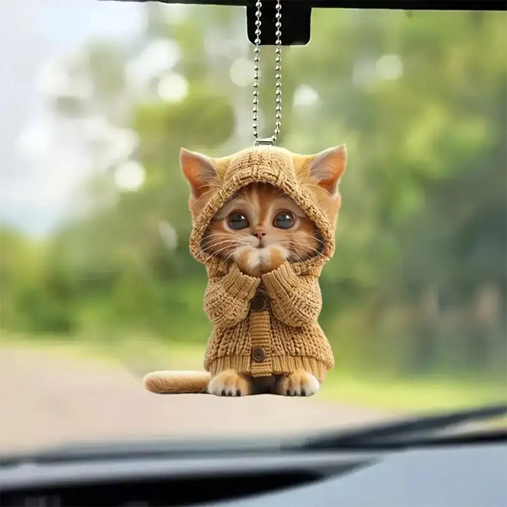 Car Hanging Pendant Rearview Mirror Decoration Compact Cat-Shaped 2D Acrylic Hanging Ornament Cute Cats Car Interior Decor