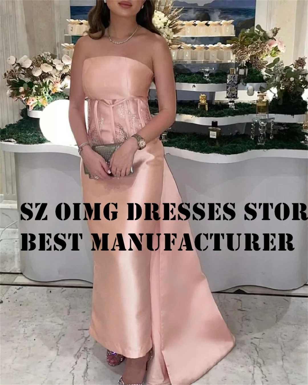 

OIMGS Strapless Prom Dresse Pink Mermaid Satin Arabic Vintage Sequins Sweep Train Satin Women Evening Gowns Formal Party Dress