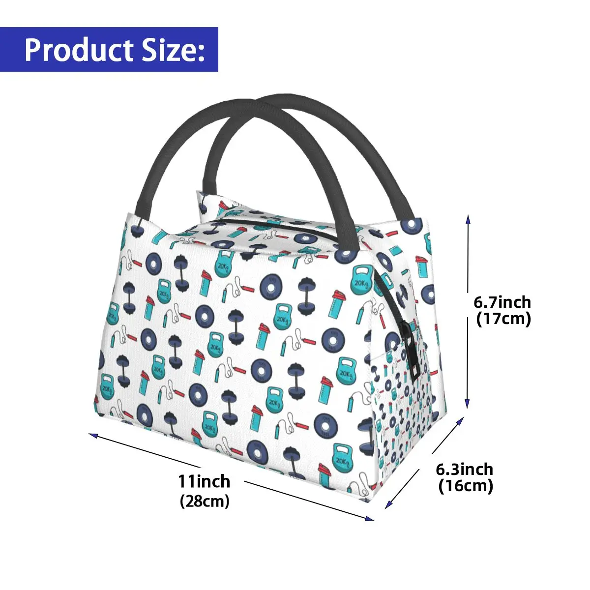 Gym Essentials Shaker, Kettlebell, Dumbbells, Rope Lunch Bags Insulated Bento Box Lunch Tote Leakproof Picnic Bags Thermal Bag