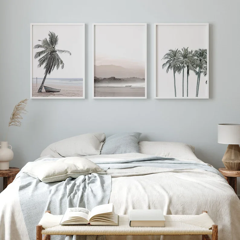 Vintage Tropical Palm Tree Beach Coastal Seascape Photography Poster Canvas Painting Wall Art Pictures Home Dining Room Decor