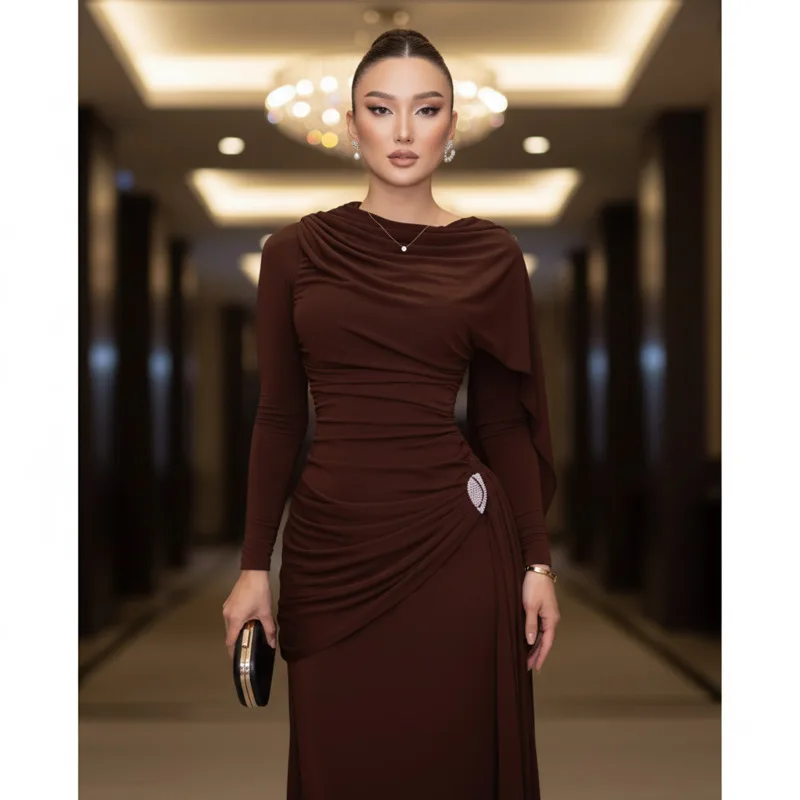 

Chic Women’s Sexy Long Sleeve Bodycon Dress With Draped Waist And Ruching Elegant Solid Color Autumn Winter Slim Fit Party Dress