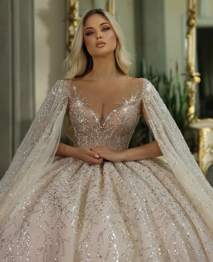 Luxury Sequins Beading Princess Wedding Dresses Rhinestone Cape Sleeves Bride Ball Gowns Vestidos De Novia