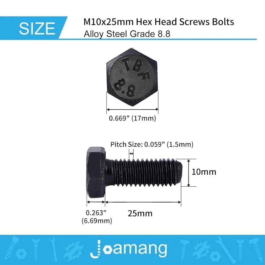 M10 x 25 มม. 10 ชิ้น สกรูหัวหกเหลี่ยม สกรูหกเหลี่ยม เกรด 8.8 เหล็กอัลลอยด์ ผิวเคลือบออกไซด์สีดำ เกลียวเต็มแบบเมตริก