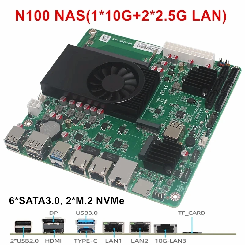 6-Bay i3-N305 N100 NAS Motherboard 1*10G 2*i226-V 2.5G 3LAN 6*SATA3.0 2*M.2 NVMe 1*DDR5 Soft Router Firewall ITX Mainboard