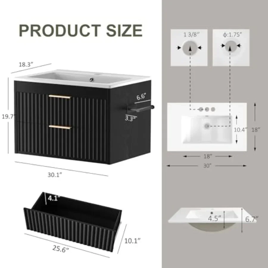 Floating sink and towel holder combo for modern bathroom: fluted metal cabinet in matte black, LED light, soft-closing drawers,