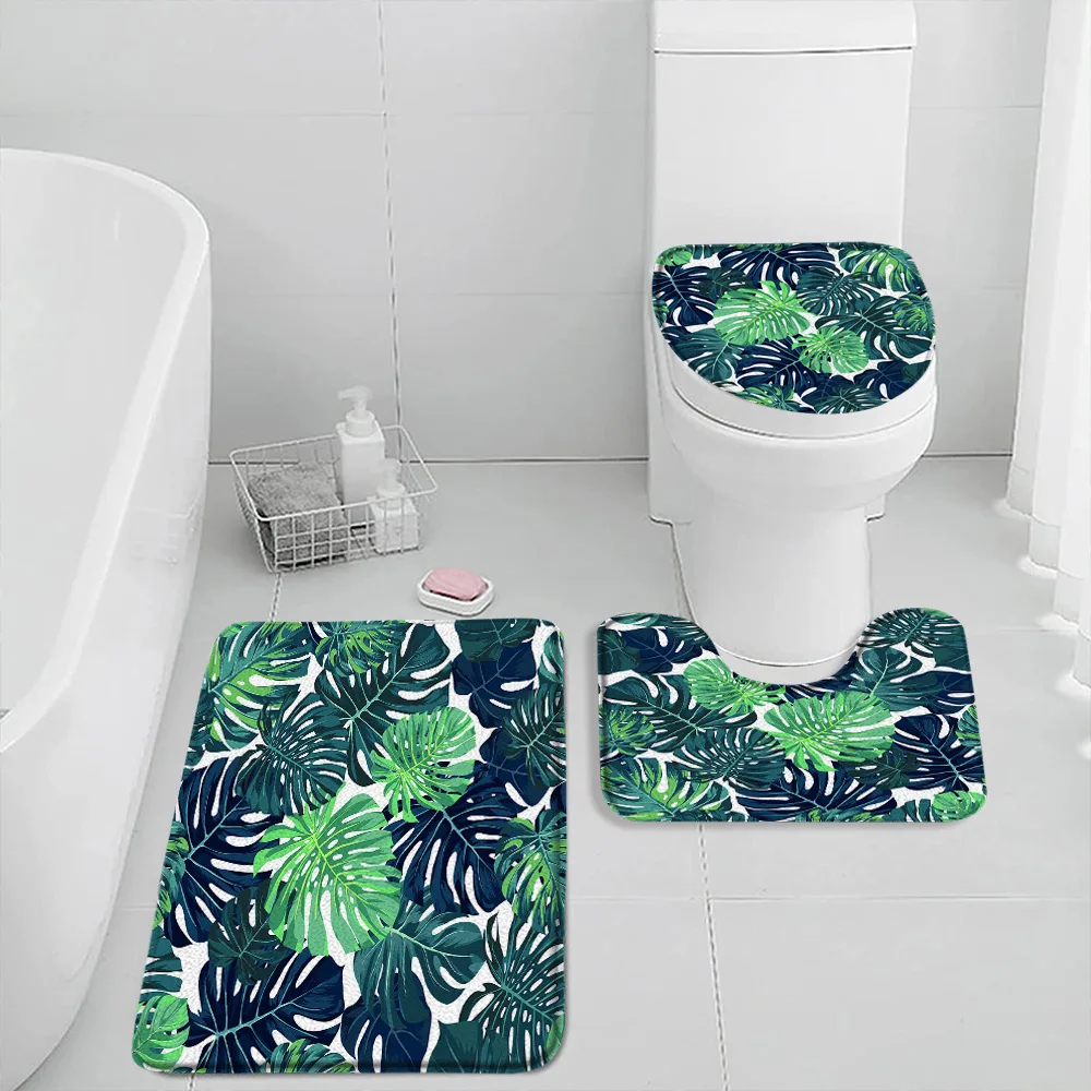 Tropical Leaves Non-slip Bath Mat Set Palm Monstera Leaf Green Plants Greenery Bathroom Decor Modern Bath Rug Toilet Lid Cover