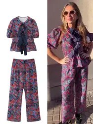 HH Floral Print Blouse Pant Suit For Women Bow Lace Up O Neck Shirts Casual High Waist Straight Trousers Female Streetwear