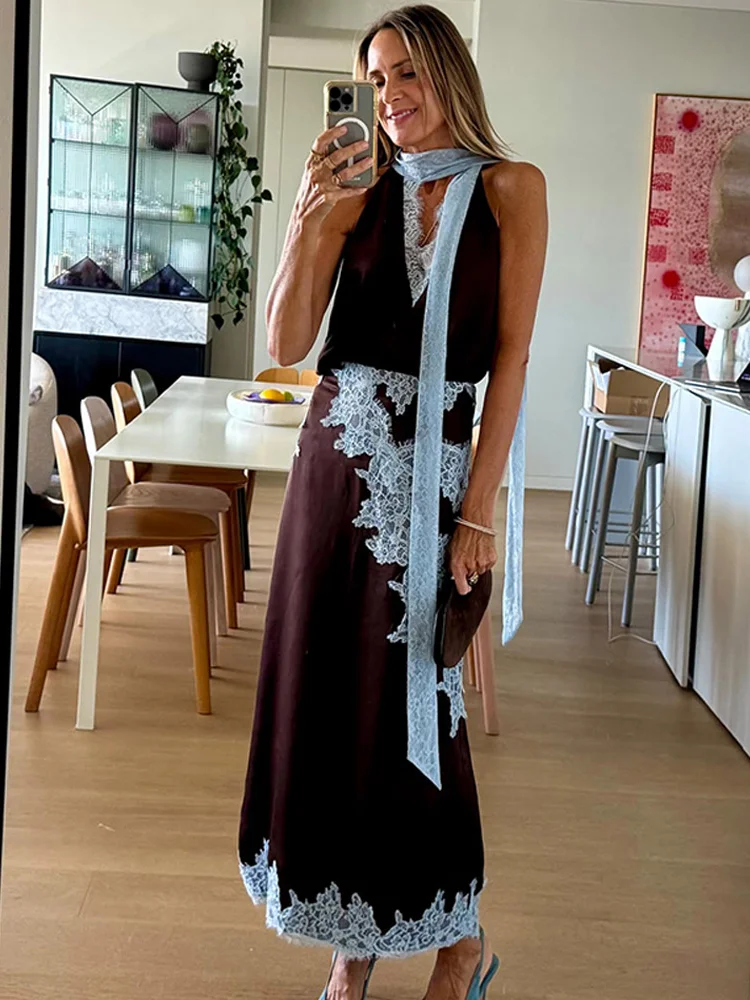 التباين المرقعة الدانتيل ماكسي تنورة دعوى المرأة الساتان الخامس الرقبة أكمام التنانير الدعاوى 2025 سيدة الصيف عادية اليومية 2 قطعة مجموعة