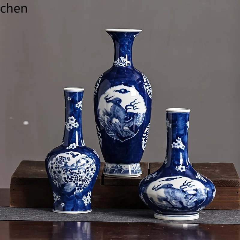 HT  Antique-Style Pure Hand-Painted Blue and White Porcelain Flower and Bird Ceramic Vase Living Room Tea Room Decoration