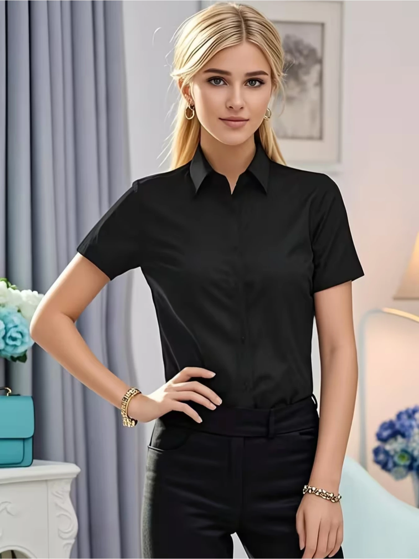 Women's Summer White Short Sleeve Shirt, Professional Office Workwear Blouse