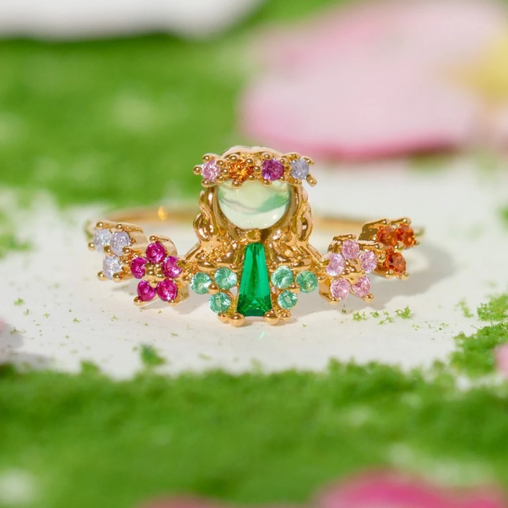 Little Princess Flower Crown Ring Real Gold Plated Copper Colorful Cubic Zirconia Statement Jewelry For Women Girls Sweet Fairy