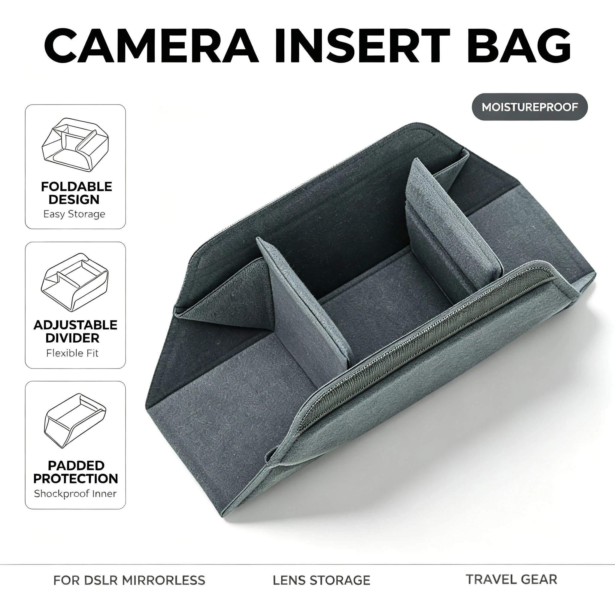 Sac D'insertion Pour Appareil Photo Pliable, Rembourré, Avec SéParateurs RéGlables, éTui IntéRieur RéSistant à L'humidité Et Aux Chocs Pour Appareils Photo Reflex NuméRiques, Reflex Et Hybrides, Pour Le Voyage