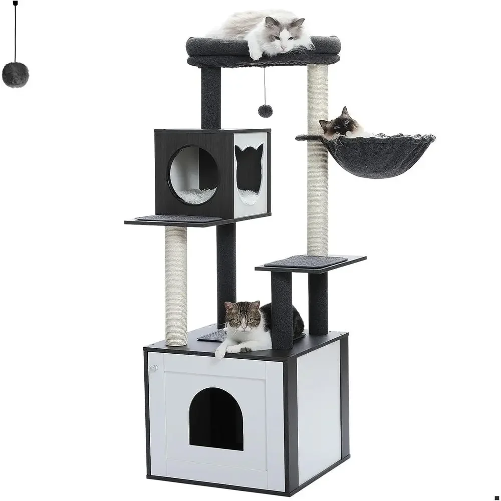 56.7 High Wooden Cat Tree with Litter Box Enclosure and Hammock for Large Cats (Black)