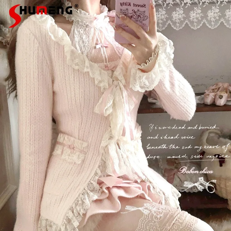 

Japanese Rojita Style Soft And Comfortable Wheat Wool Lace Knitted Cardigan Long Sleeves Pink Color Y2k Jumper Women's Sweater