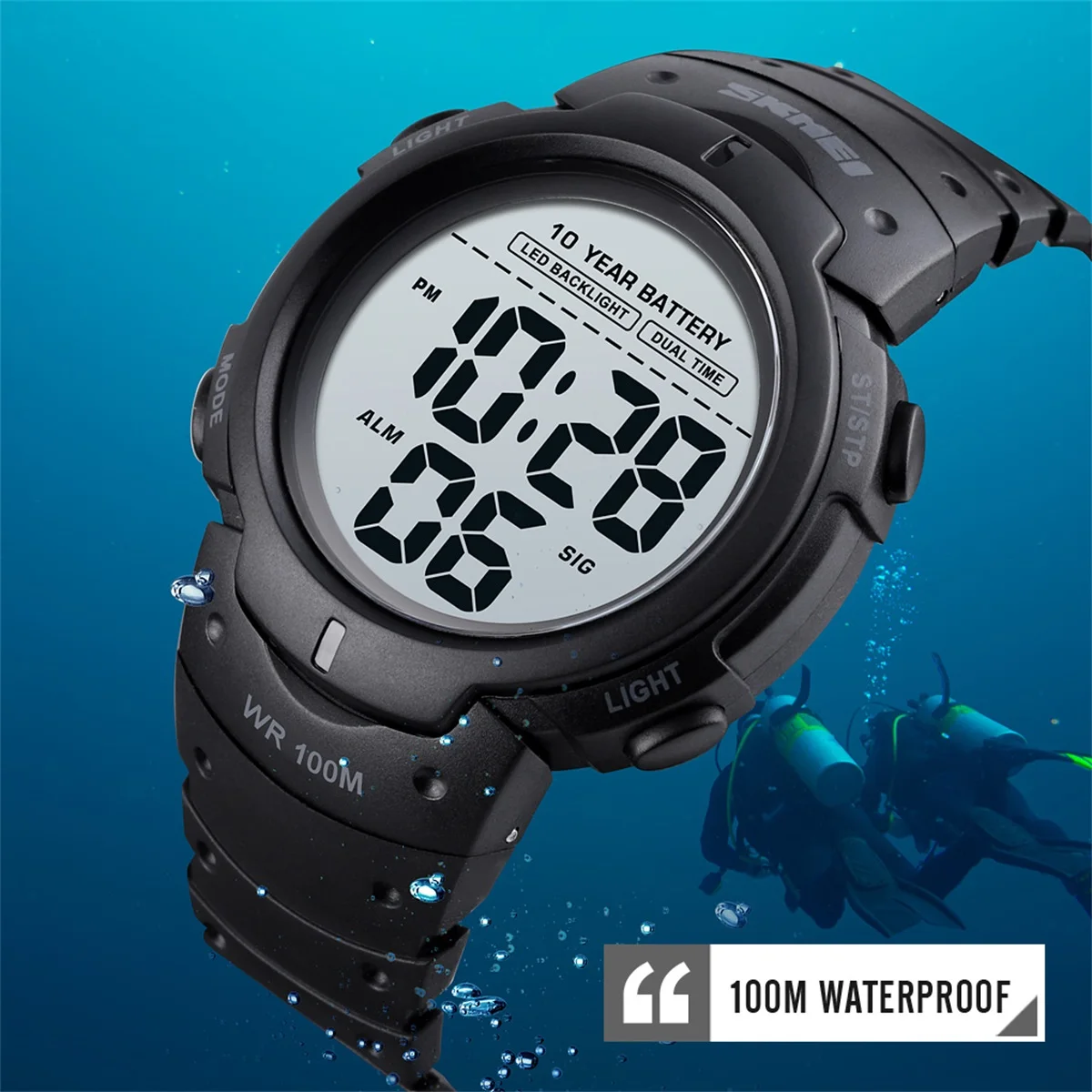 Outdoor Sport Watch 100M Waterproof Led Light Display Digital Sport Watches Mens 10 Year Battery Life Alarm Date Clock