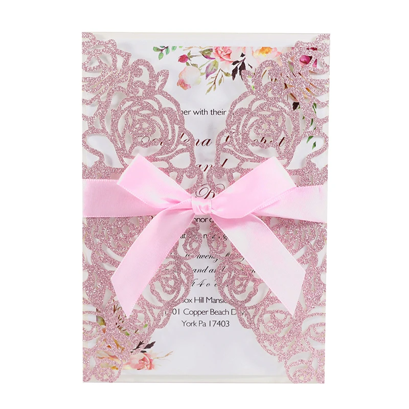 

10pcs Glitter Paper Invitation Card With Ribbon Envelope Pocket For Wedding Marriage Birthday Baptism Quinceanera Party Supplies