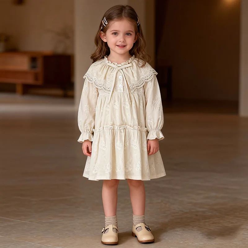 

Girls Dress Spring and Autumn New French Lace Trim Large Collar Long Sleeve Little Girl Princess Dress Children's Clothing