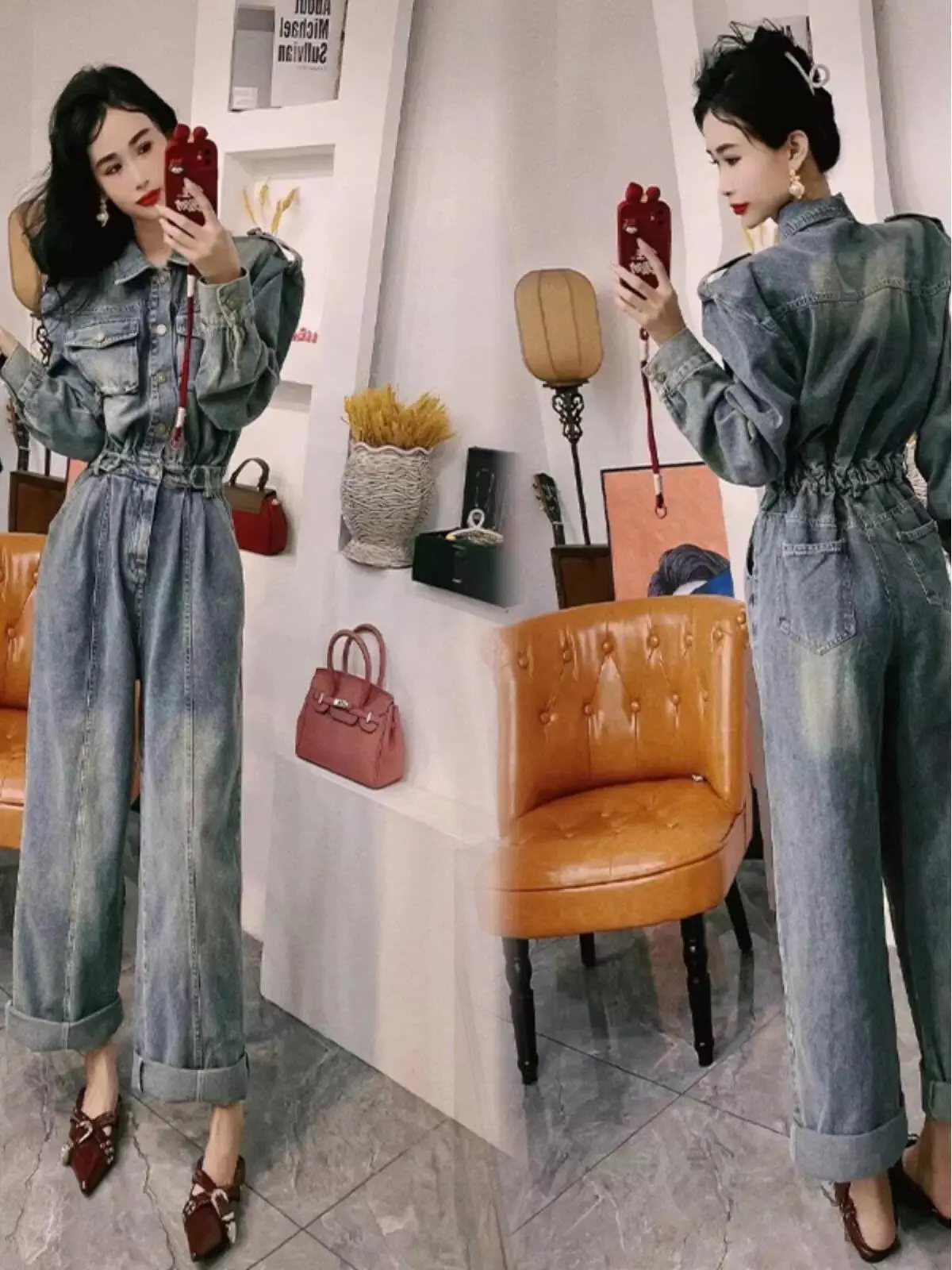 

Blue Denim Jumpsuit Women's Spring Autumn 2026 New Collar Long Sve Jumpsuit Set Design Sense High Waist Cotton Workwear