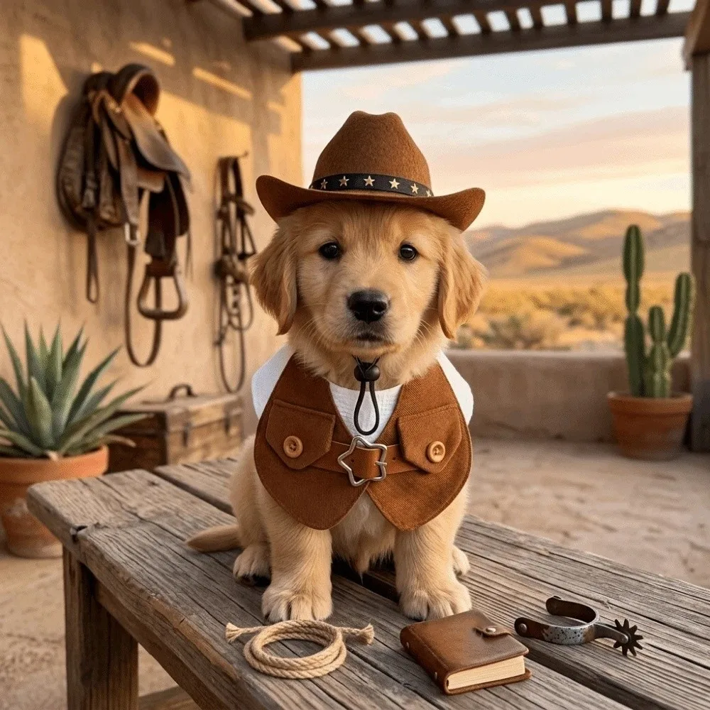 Pet Prop Denim Dog Cowboy Costumes Dress-Up with Bow Tie Pet Outfits with Star Hat Retro Puppy Vest Set Cat