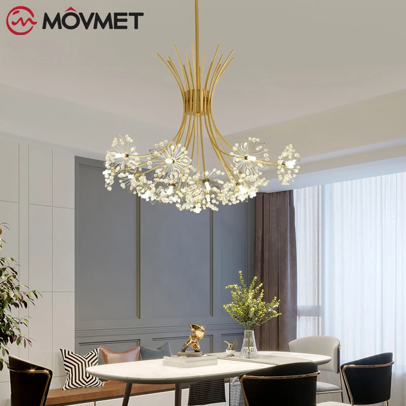 Nordic Flower Chandelier G4 LED Ceiling Light Crystal Gold Metal Dandelion Decor For Home Restaurant Bedroom Hall Living Room