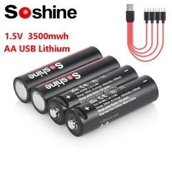 Soshine USB Lithium Battery 1.5V AA 3500mWh Rechargeable Batteries with 4-in-1 USB Cable for Smoke Detector Game Machine Camera