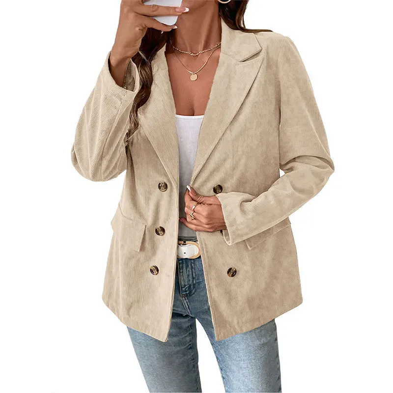 Corduroy Blazer Women Autumn Winter Vintage Double Breasted Lapel Collar Loose Fit Solid Color Office Lady Streetwear Coat