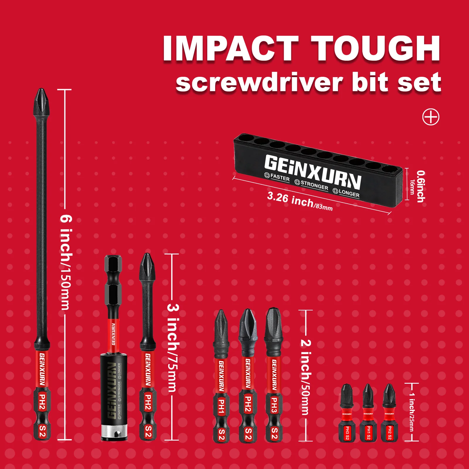 Geinxurn Impact Magnetic #1/#2/#3 Phillips Screwdriver Bit Set with Storage Organizer