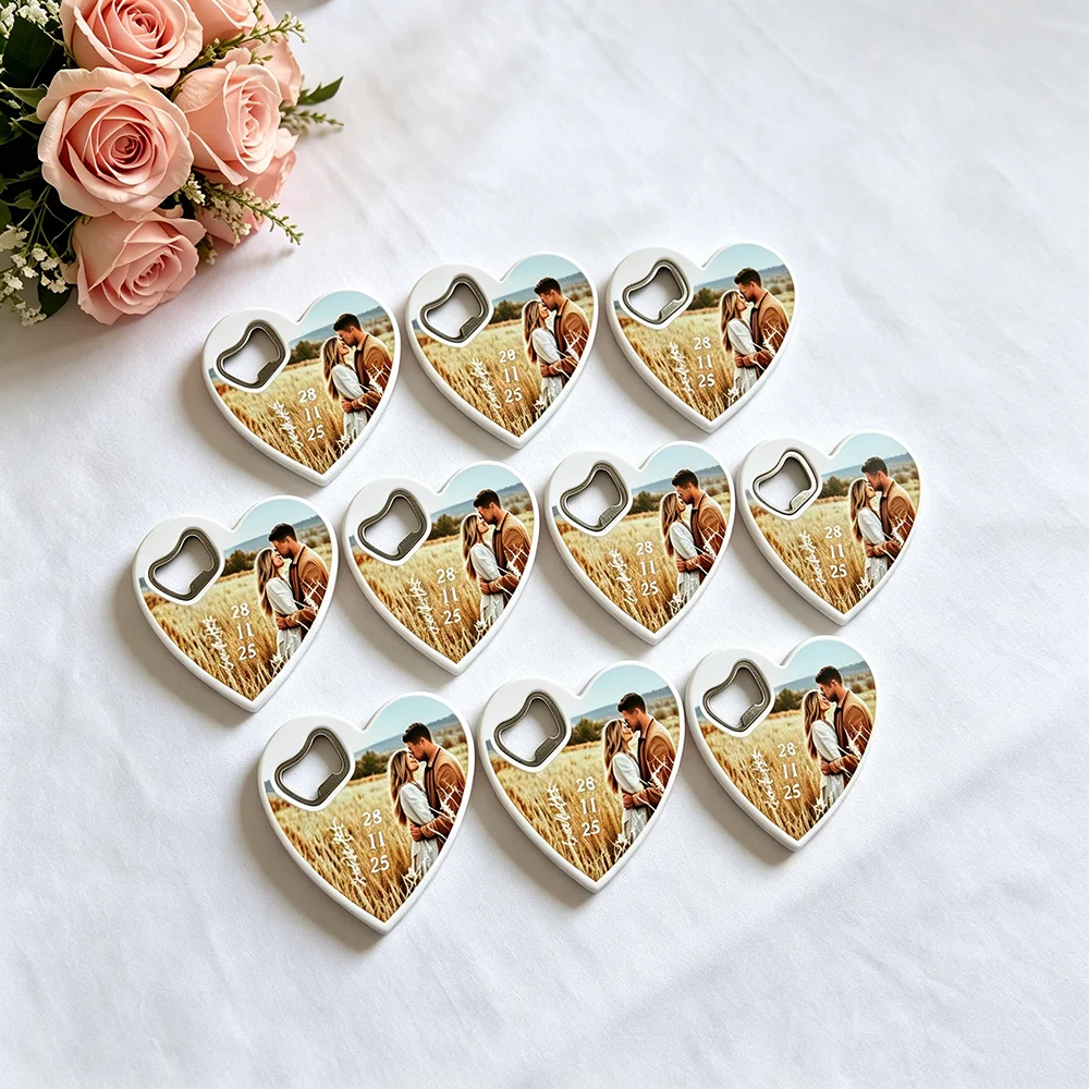 30Pcs Personalized Bottle Openers,Printing Photo Wedding Favors,Custom Crest and Monogram Heart Shape Beer Openers With Bags