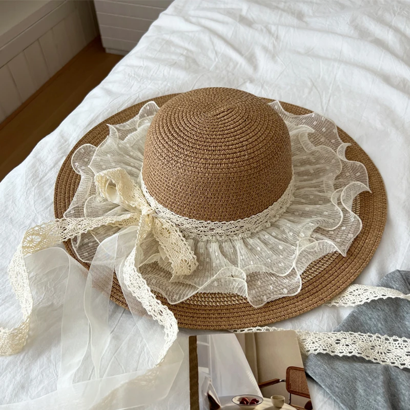 

New Lace Knot Wide Brim St Hat Women Summer Beach Vaion Sun Hat Sunscreen Hat Casual Sle Spring Autumn