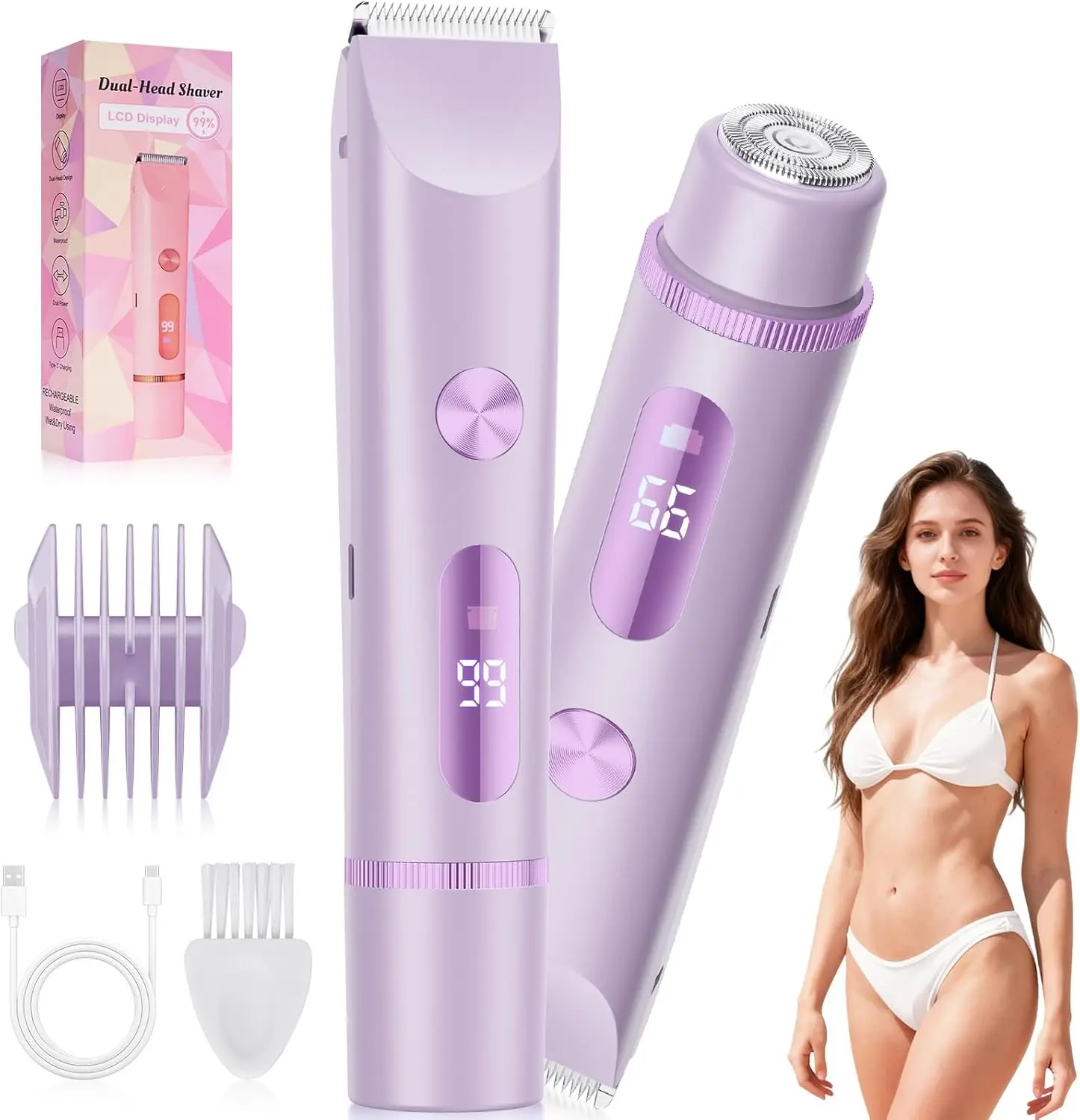 Depiladora Corporal de Doble Cabezal 2026, Afeitadora Eléctrica Recargable a Prueba de Agua con Pantalla Digital, Mini Recortadora de Bikini para Mujer