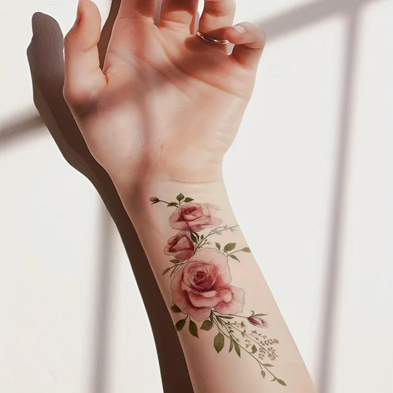 Floral arm tattoo, Large rose flower tattoo, Rose temporary tattoo woman, Rose temporary flower tattoo design, Rose tattoo for