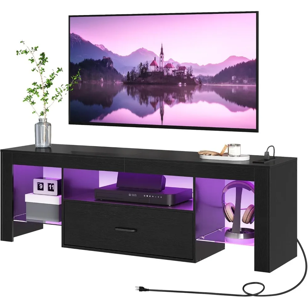 LED TV Stand with Power Outlets to 65 inch TV, Gaming Entertainment Center with Glass Shelves and Large Drawer, Modern Media TV
