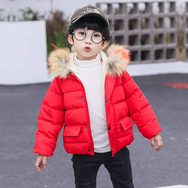 

Kids Jacket Boy Girl winter Fashion Large Fur Collar Warm Hooded Thickened Outdoor Down Overcoat 0-7 Years Beibei Child Clothing