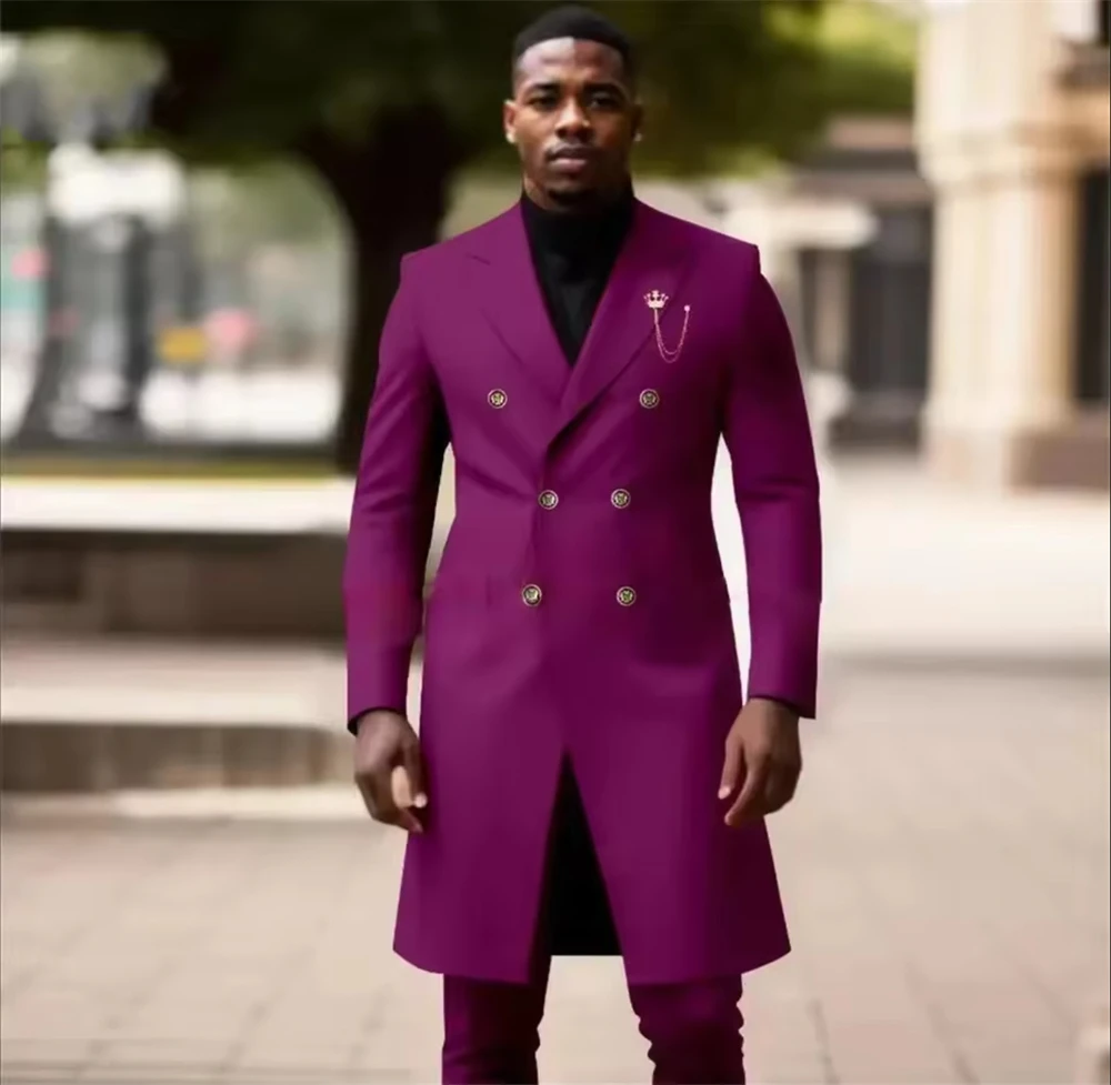 

Elegant Men's Suits Double Breasted Outfits Chic Long Blazer 2 Piece High Street Peak Lapel Casual Party Prom Wedding Set