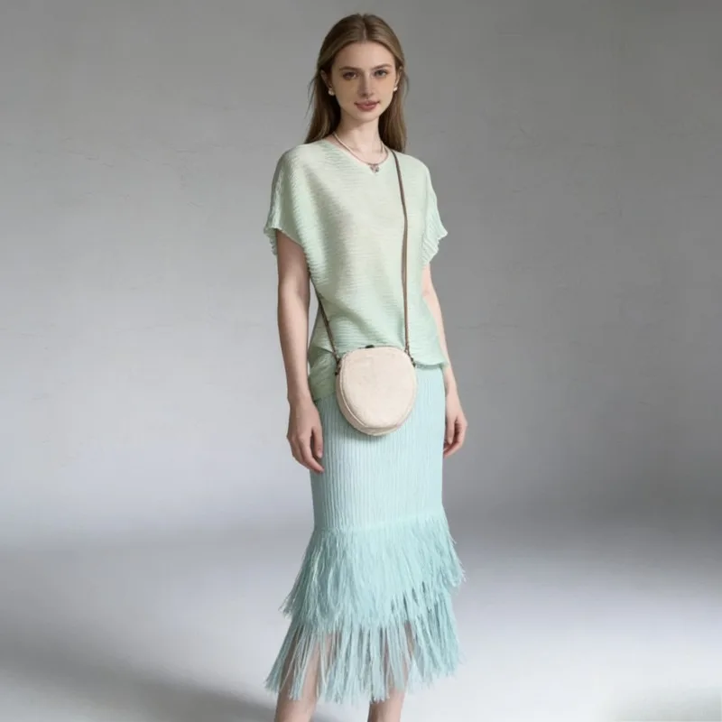 

Miyake Pleated Skirt Set Plisse 2026 Summer New Slim Fit Personality Mint Green Top + Tassel Skirt Women's Set Women Clothing