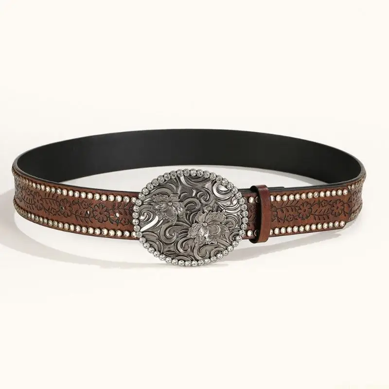 31BF Rhinestones Studded Western Waist Belt Embossed Flower Design Waist Strap Bohemian Waistband For Festival Event Outfit