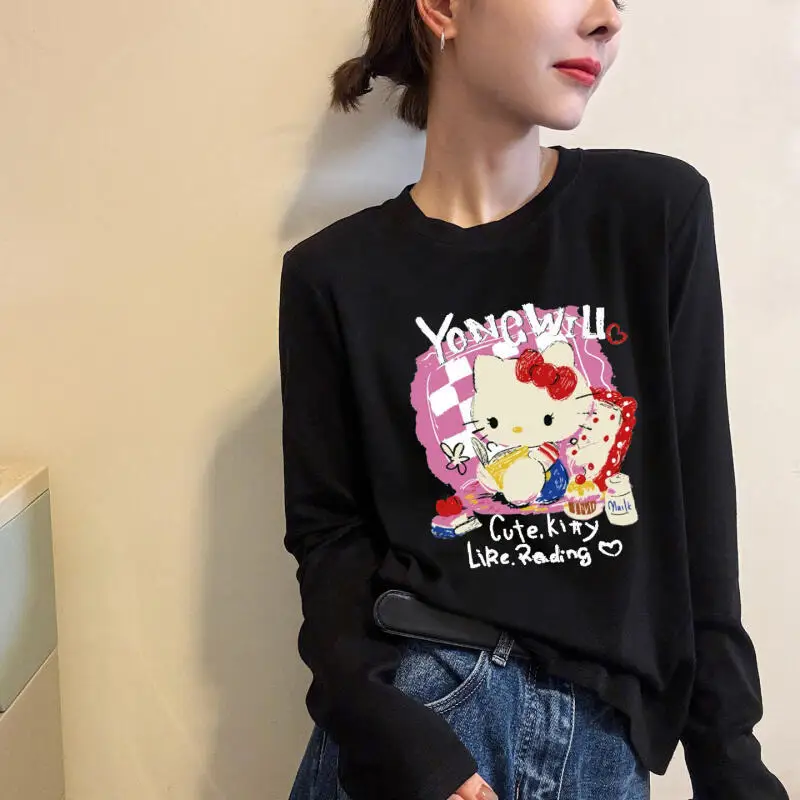 Long-Sleeved Hello Kitty Mask T-Shirt Sanrio Women's Spring Summer New Bottoming Shirt Cartoon Cute Print Versatile Tosp Trendy