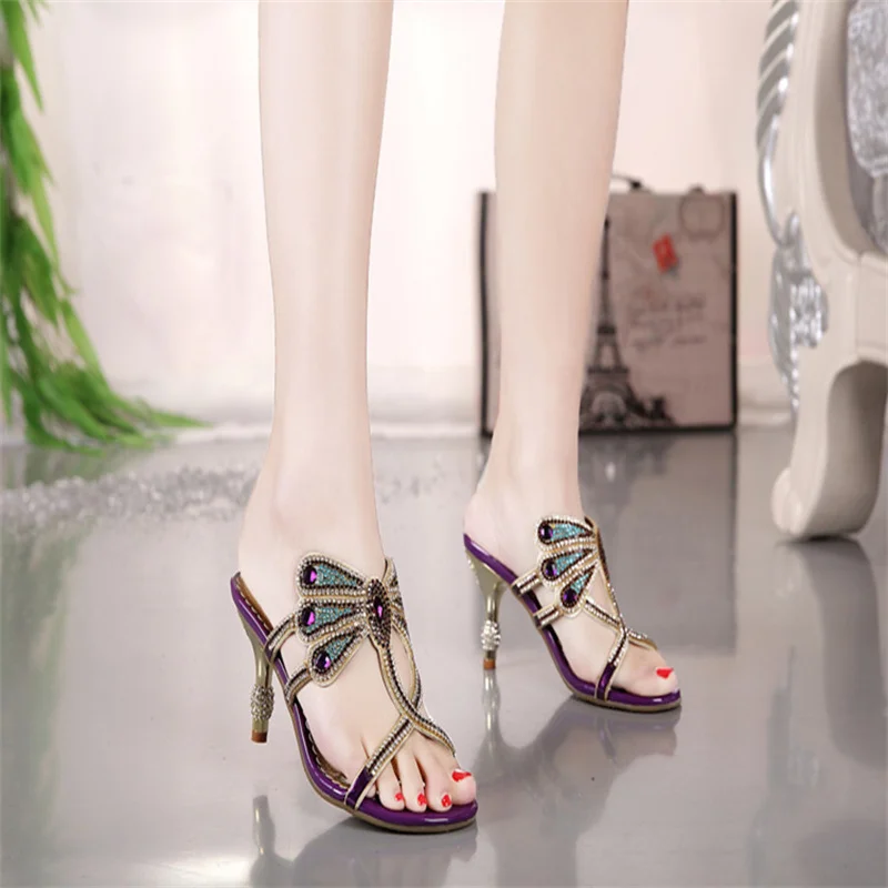 Summer Rhinestone Sandals Leather Glitter Women Open Toe High Heels Party Shoes Gladiator  Wedding Shoes