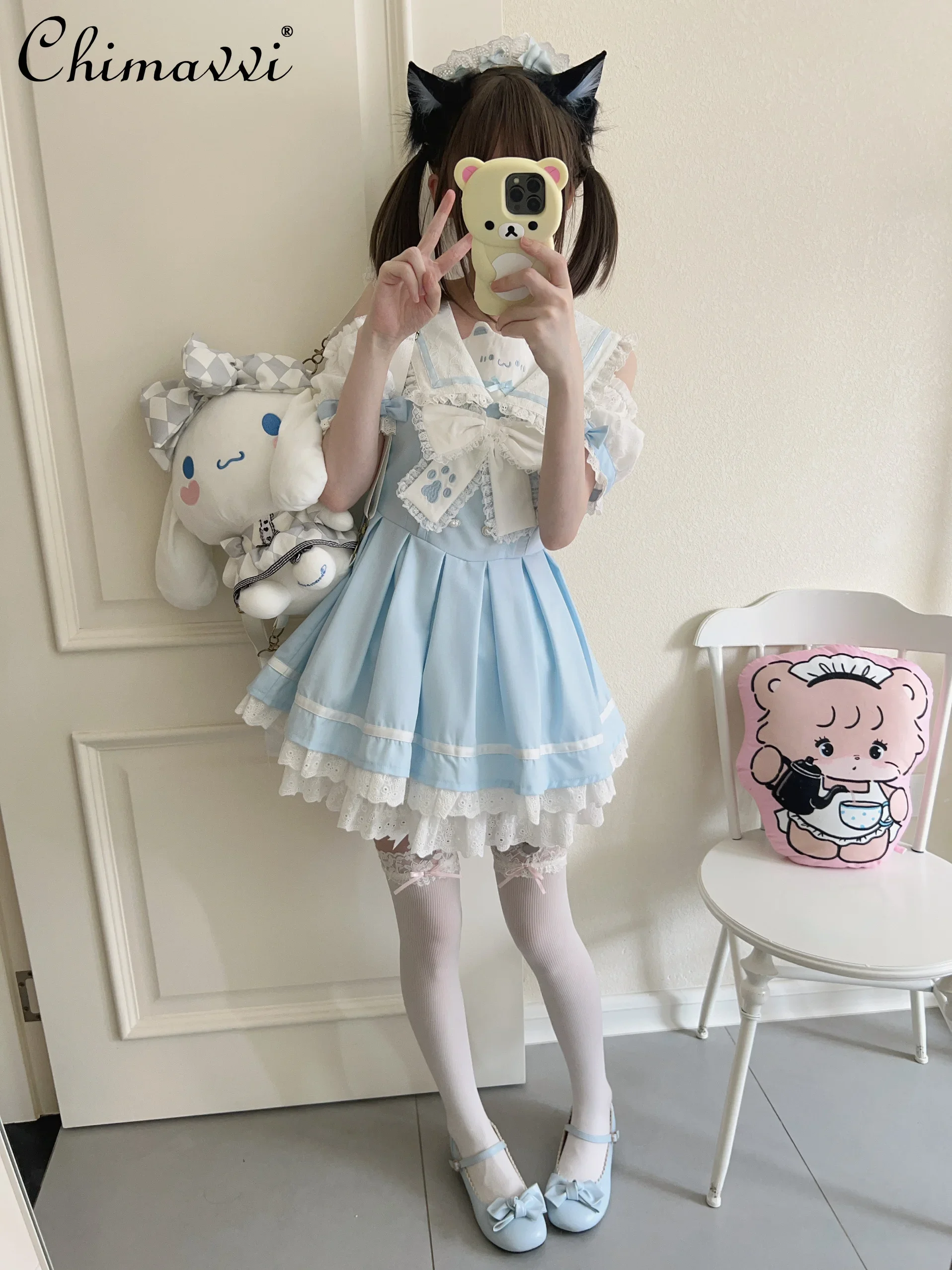 Original Lolita Style Sailor Collar Cute Lace Fitted Waist Bowknot Puff Sleeve Dress Embellished Girly Short Kawaii Women Dress