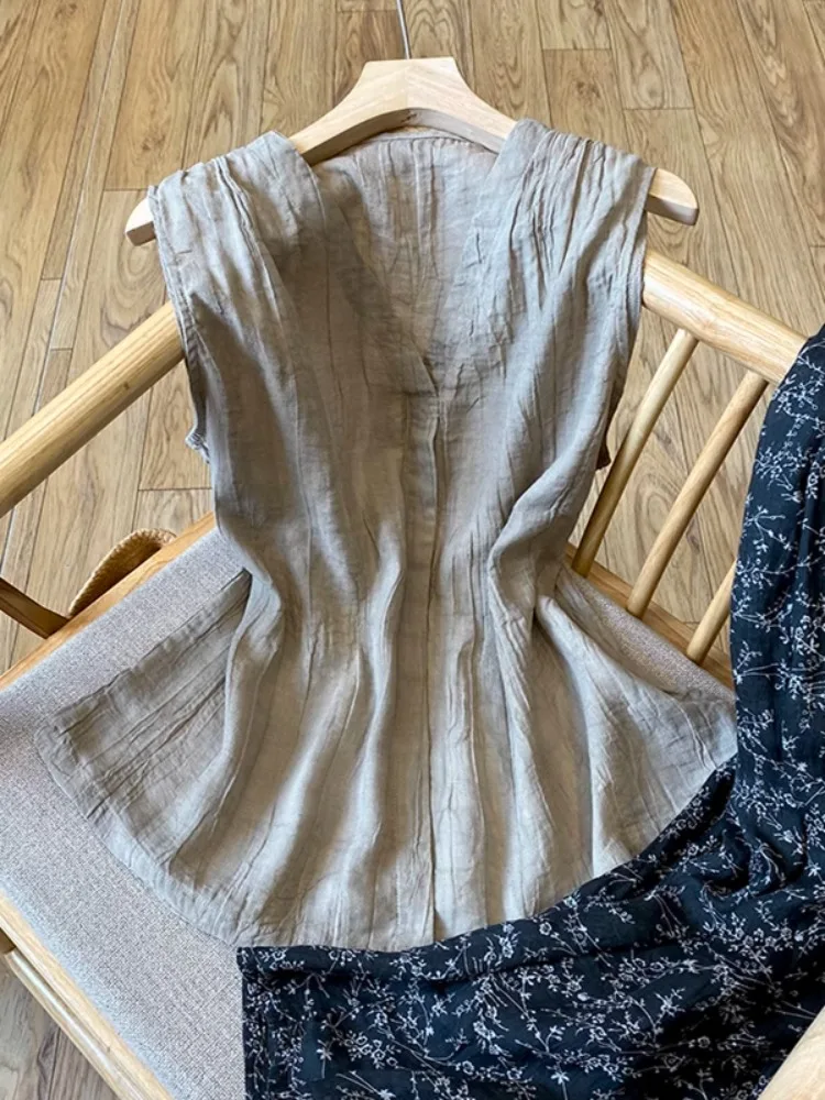 Baumwolle Leinen Vintage Weste für Frauen Sommer Mode Atmungsaktive Dünne Ärmel Einfarbig Einfache Elegante V-ausschnitt Weste Weibliche
