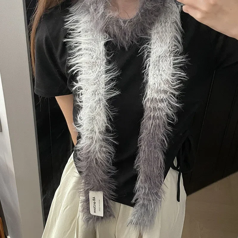 Spice Girl Style Tie-dyed Knitted Long Scarf Fashionable Plush Fluffy Scarf Women\'s Imitation Mink Fur Y2K Party for Warm Wrap