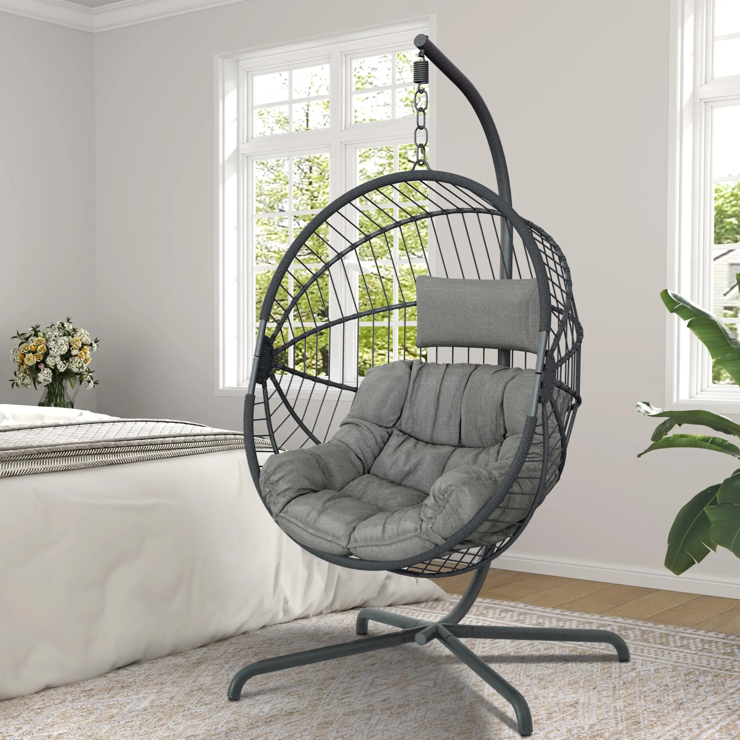 

In Stock Promotion Rattan Metal Swing Egg Chair Patio Hanging Chair Modern Leisure Egg Hammock with Stand for Balcony