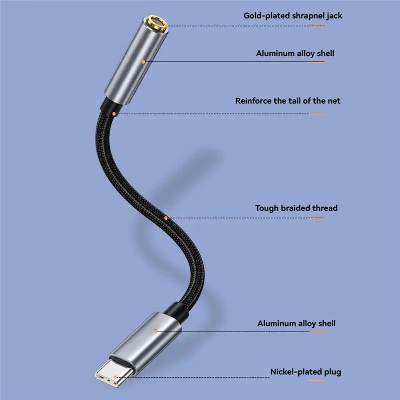 AA60 USB C to 3.5mm Audio Cable Type C Aux Adapter with Analog Decoding Chip for Music and Calls